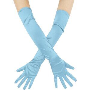 Women's Evening Blue Long Satin Gloves Elbow Length Formal Party Prom Wear